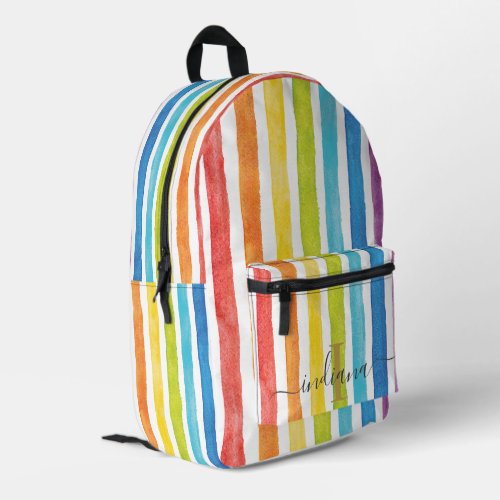 Watercolor Rainbow Monogram Stripes Personalized Printed Backpack