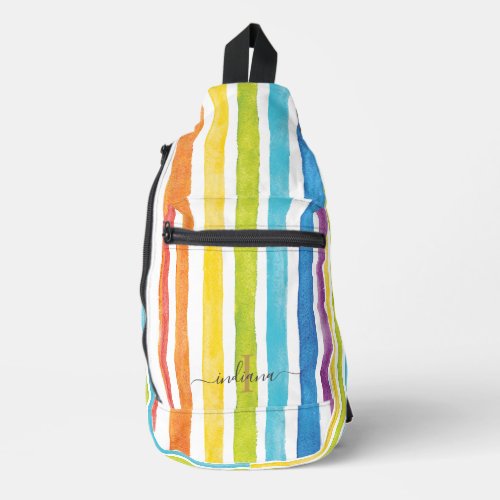 Watercolor Rainbow Monogram Stripes Personalized Sling Bag
