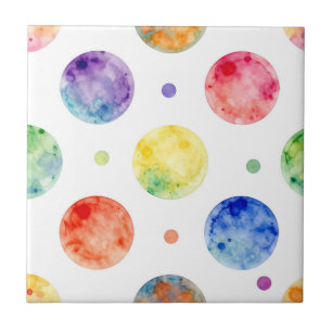 Watercolor Rainbow Orb Polka Dot Pattern Ceramic Tile
