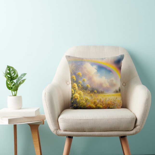 Watercolor Rainbow Over Wildflower Meadow Throw Pillow (Chair)