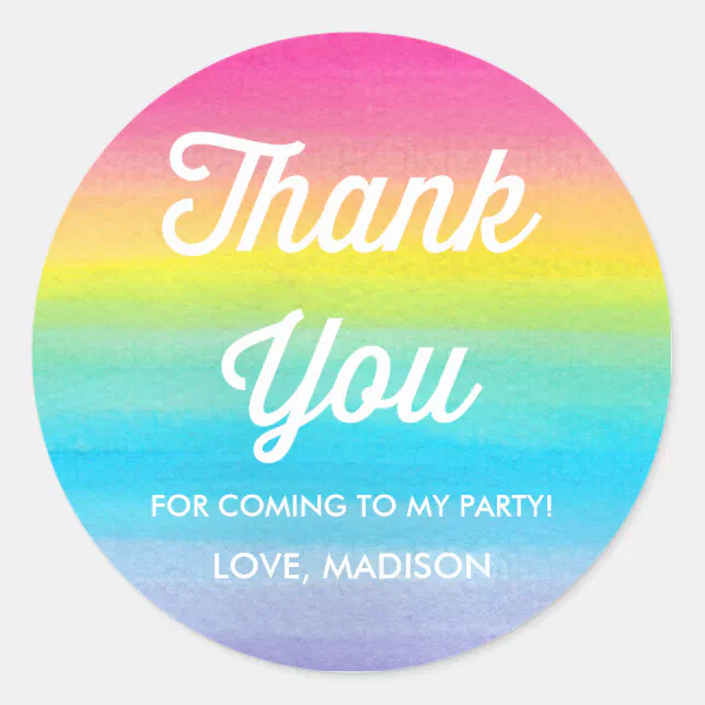 Watercolor Rainbow Party Thank You Stickers | Zazzle