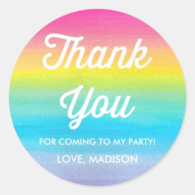 Watercolor Rainbow Party Thank You Stickers (Front)