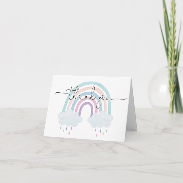 Watercolor rainbow pastel baby shower sprinkle thank you card (Front)