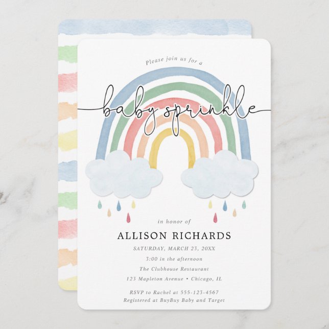 Watercolor rainbow pastel baby sprinkle invitation (Front/Back)