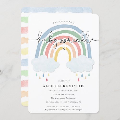 Watercolor rainbow pastel baby sprinkle invitation