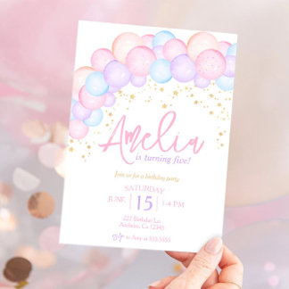 Watercolor rainbow pastel balloon arch birthday invitation