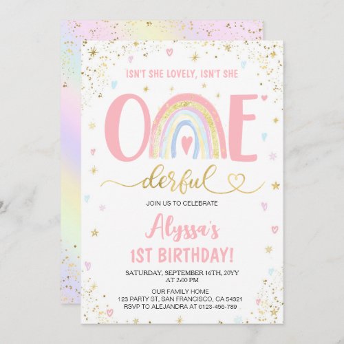 Watercolor rainbow pastel girl 1st Birthday Party Invitation