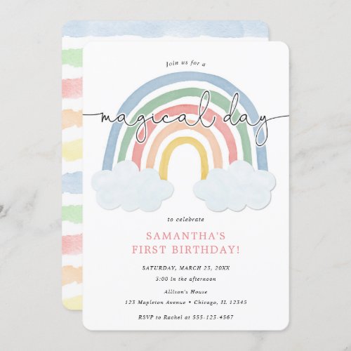 Watercolor rainbow pastel girl 1st birthday party invitation