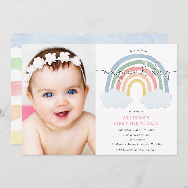Watercolor rainbow pastel girl 1st birthday photo invitation (Front/Back)