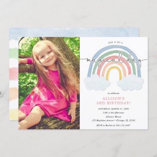 Watercolor rainbow pastel girl birthday photo invitation