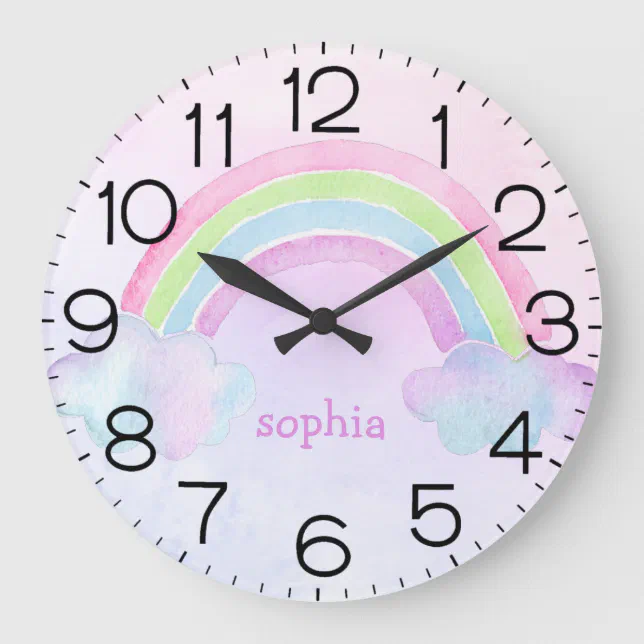 Watercolor Rainbow Pastel Personalized Name Girl Large Clock | Zazzle