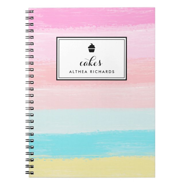Watercolor Rainbow Pastel Stripes Baking Recipe Notebook (Front)