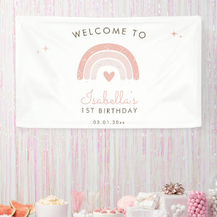 Watercolor Rainbow Pink Heart 1st Birthday Welcome Banner