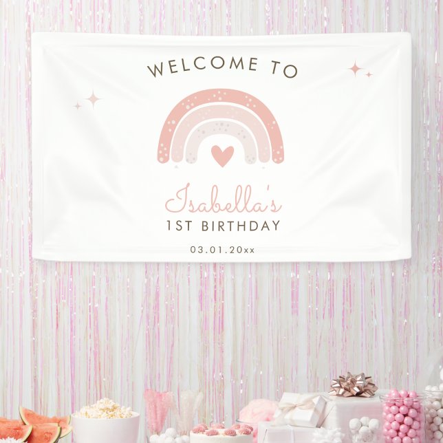 Watercolor Rainbow Pink Heart 1st Birthday Welcome Banner (Creator Uploaded)
