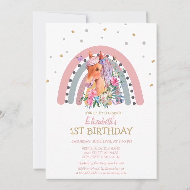 Watercolor Rainbow Pony Flowers Birthday  Invitation (Front)