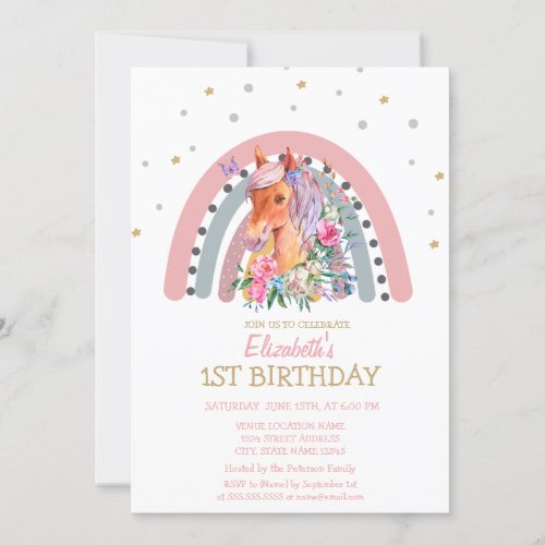 Watercolor Rainbow Pony Flowers Birthday  Invitation