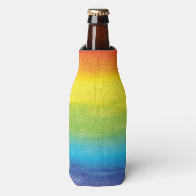 Watercolor Rainbow Pride Bright Vibrant Bottle Cooler (Bottle Front)
