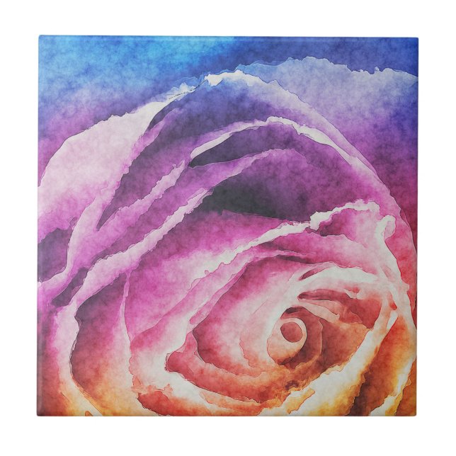 Watercolor Rainbow Rose Ceramic Tile (Front)