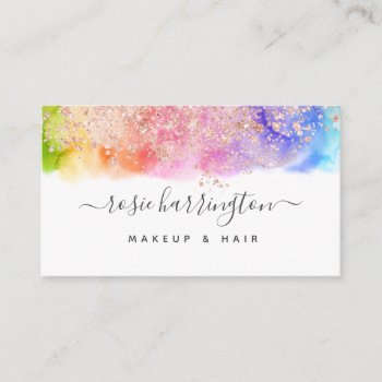 Watercolor Rainbow Rose Gold Glitter Girly Business Card by AlexandriaRamosBrand at Zazzle