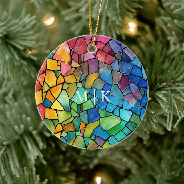 Watercolor Rainbow Stained Glass Ceramic Ornament (Tree)