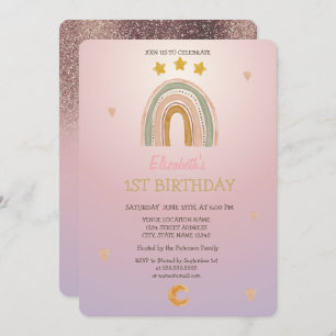 Watercolor Rainbow Stars Hears Glitter  Birthday  Invitation