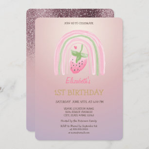 Watercolor Rainbow Strawberry Glitter Birthday Invitation