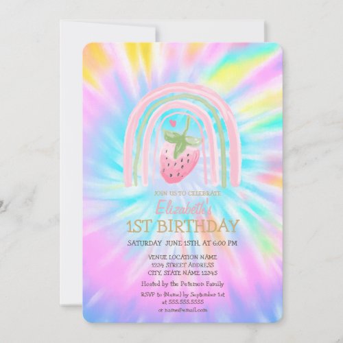 Watercolor Rainbow Strawberry Tie Dye Birthday  Invitation