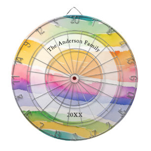 Watercolor Rainbow Stripe Custom Family Name Dart Board