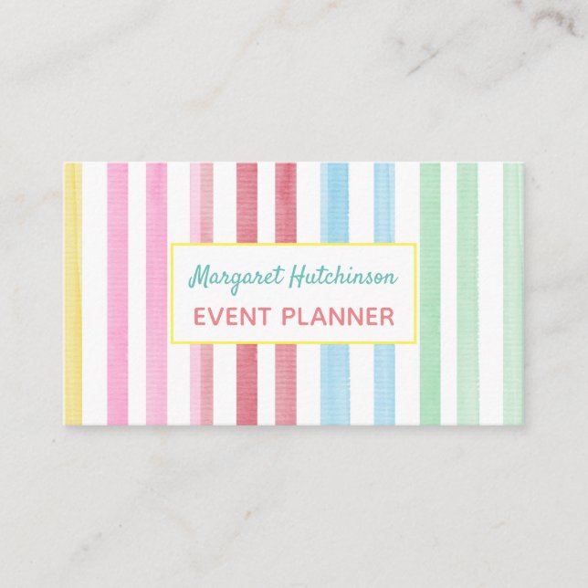Watercolor Rainbow Stripe Feminine Business Card (Front)