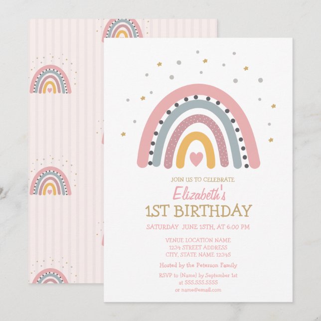 Watercolor Rainbow Striped Birthday  Invitation (Front/Back)