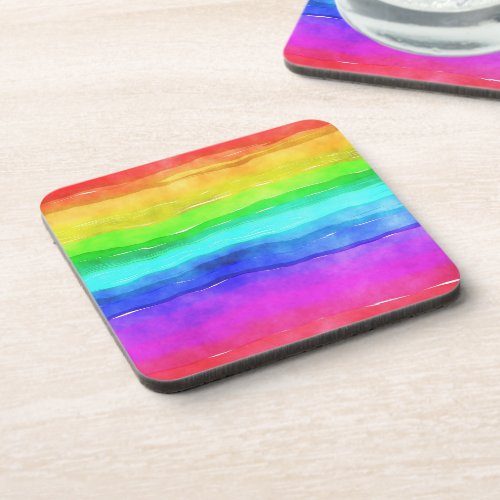 Watercolor Rainbow Stripes Beverage Coaster