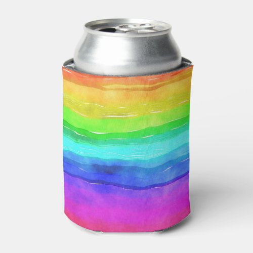 Watercolor Rainbow Stripes Can Cooler