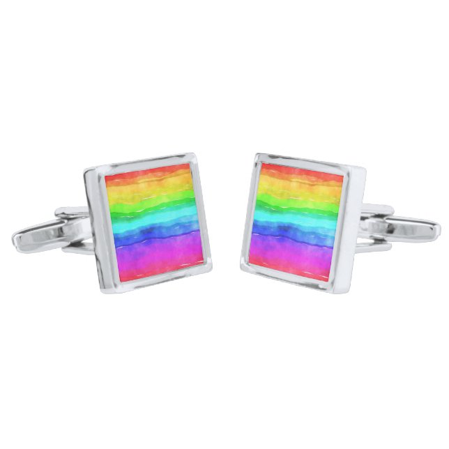Watercolor Rainbow Stripes Cufflinks (Angled)