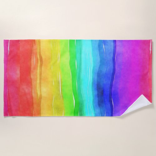 Watercolor Rainbow Stripes Design Beach Towel