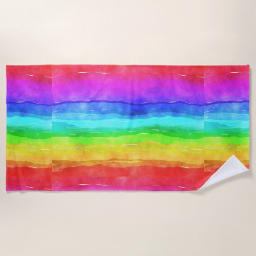 Watercolor Rainbow Stripes Design Beach Towel