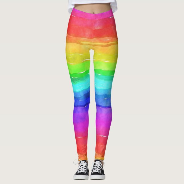 Watercolor Rainbow Stripes Design Leggings (Front)