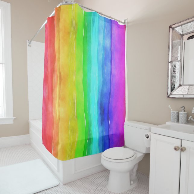 Watercolor Rainbow Stripes Design Shower Curtain (In Situ)