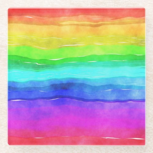 Watercolor Rainbow Stripes Glass Coaster