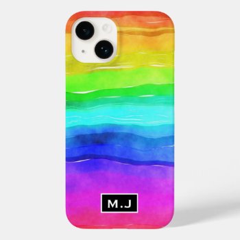 Watercolor Rainbow Stripes Monogram Case-mate Iphone 14 Case by MissMatching at Zazzle