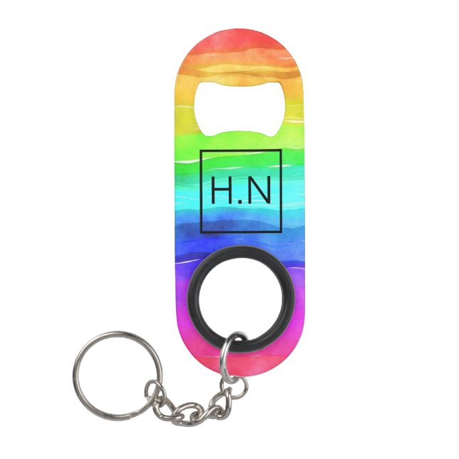 Watercolor Rainbow Stripes Monogram Keychain Bottle Opener (Front)