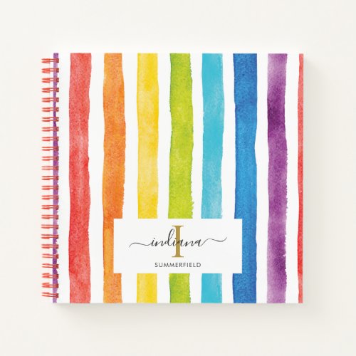 Watercolor Rainbow Stripes Monogram Script Name Notebook