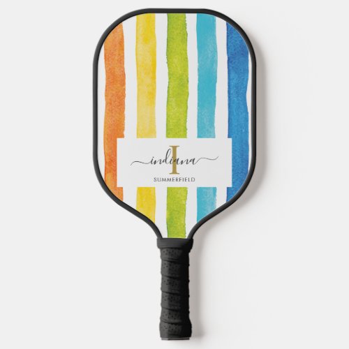 Watercolor Rainbow Stripes Monogram Script Name Pickleball Paddle