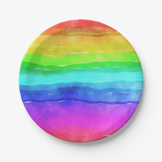 Watercolor Rainbow Stripes Paper Plates (Front)