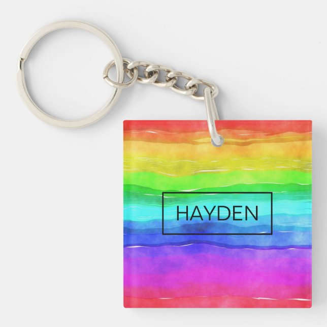 Watercolor Rainbow Stripes Personalised Keychain (Front)