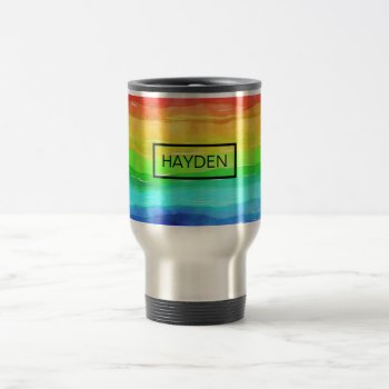 Watercolor Rainbow Stripes Personalised Travel Mug by MissMatching at Zazzle