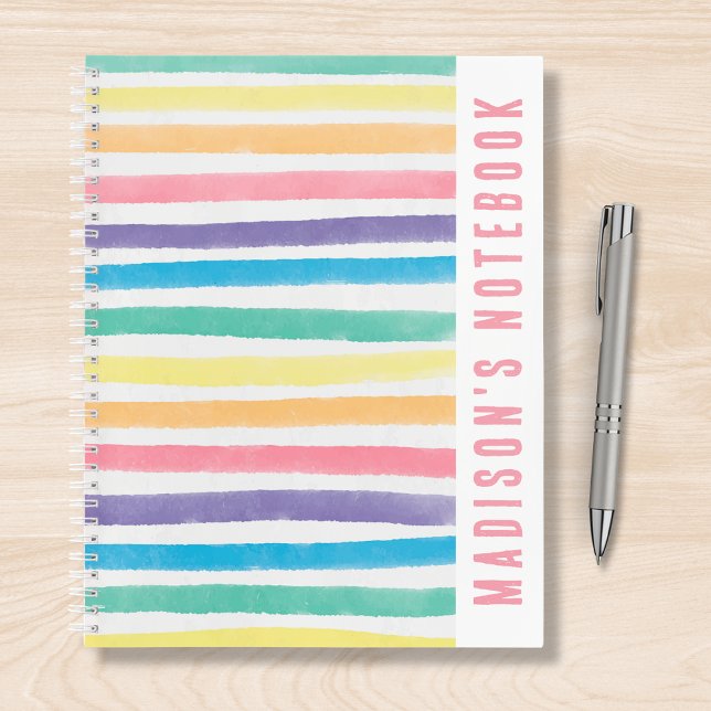 Watercolor Rainbow Stripes Personalized Name Notebook (Creator Uploaded)