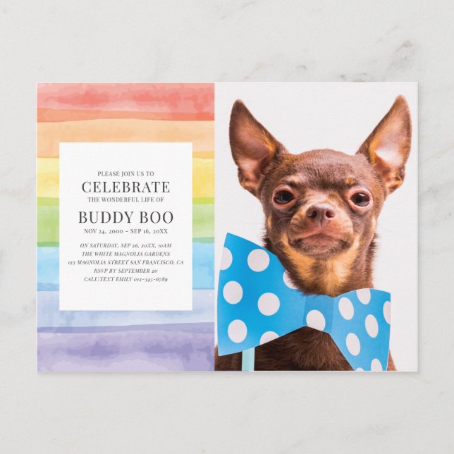 Watercolor Rainbow Stripes Pet Memorial Invitation Postcard (Front)