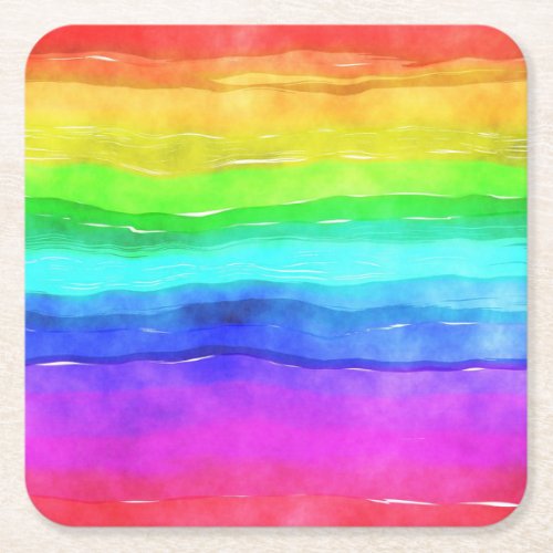 Watercolor Rainbow Stripes Square Paper Coaster