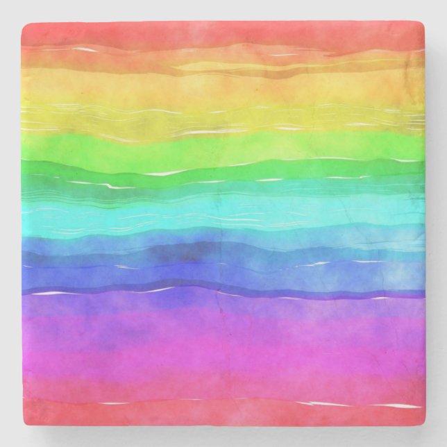 Watercolor Rainbow Stripes Stone Coaster (Front)