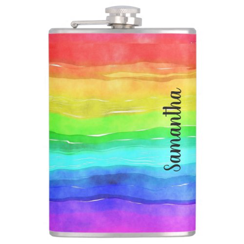 Watercolor Rainbow Stripes Vinyl Wrapped Flask